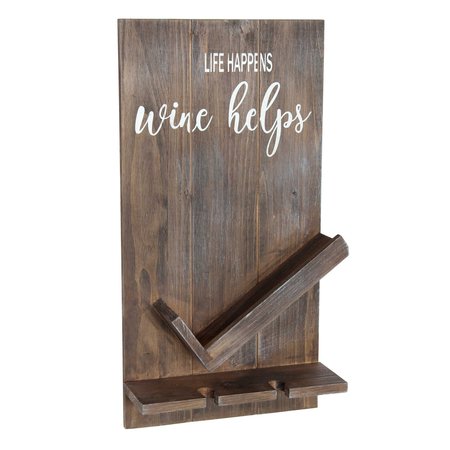 ELEGANT DESIGNS Lucca Wall Mounted Wooden “Life Happens Wine Helps” Wine Bottle Shelf w/Glass Holder, Restored Wood HG1016-RWD